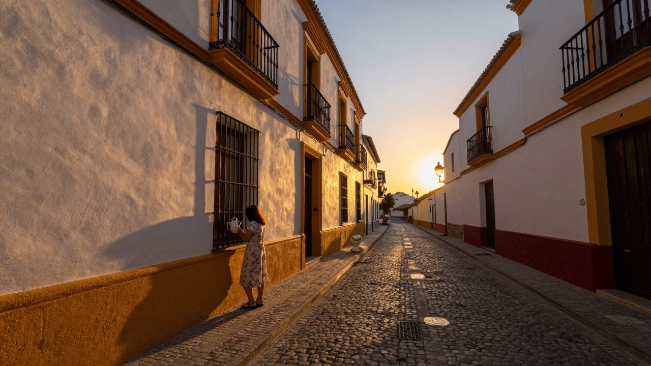 Seville Spain Evening Street Scene With Watering Jug And Plaster Walls in in Seville, Spain