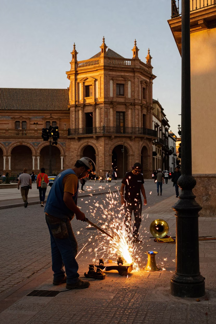 Seville Spain Evening Street Scene with Welding Sparks and Brass Details in in Seville, Spain