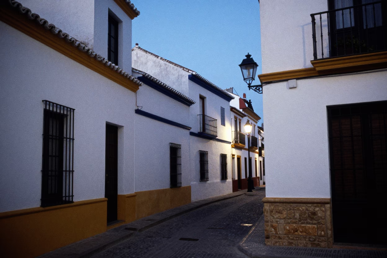 Seville Spain evening street scene with white stucco walls and blue twilight sky in in Seville, Spain