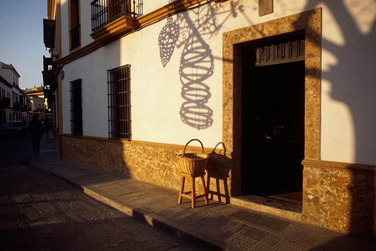 Seville Spain Evening Street Scene with Wicker Shadow and Coiled Rope in in Seville, Spain