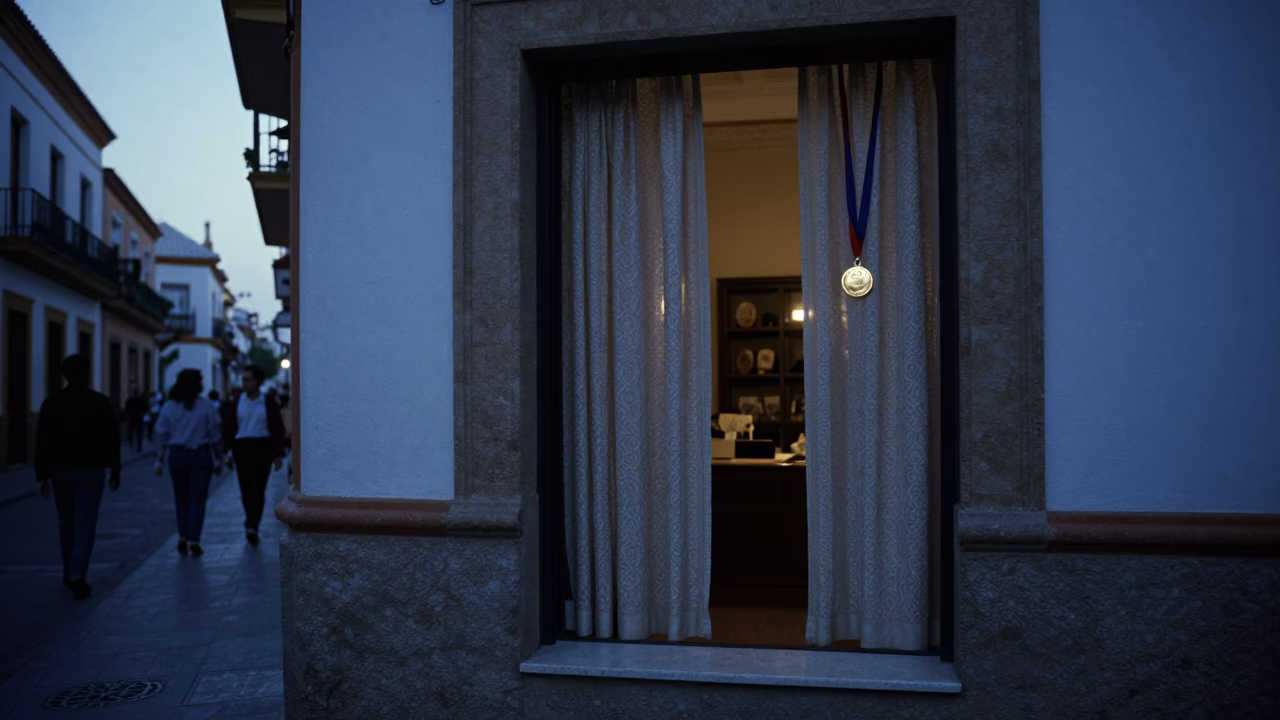 Seville Spain Evening Street Scene with Window Curtains and Medal Ribbon Details in in Seville, Spain