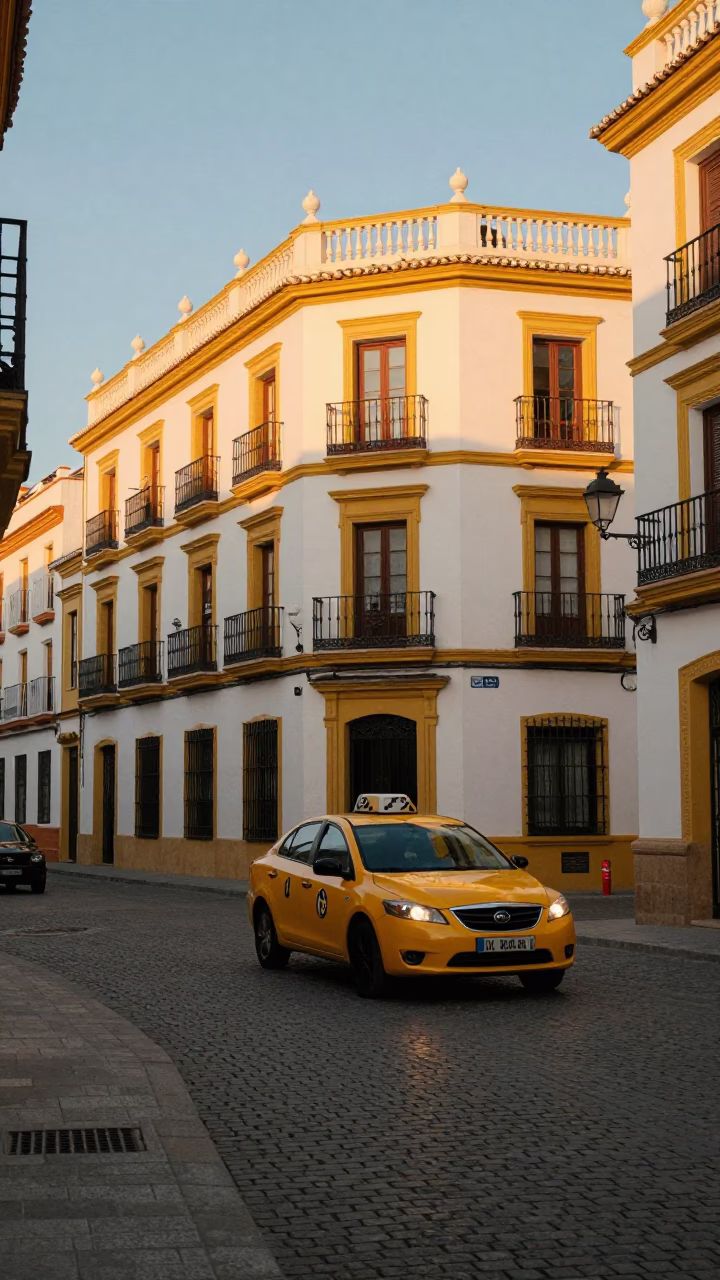 Seville Spain Evening Street Scene with Yellow Taxi and Local Architecture in in Seville, Spain