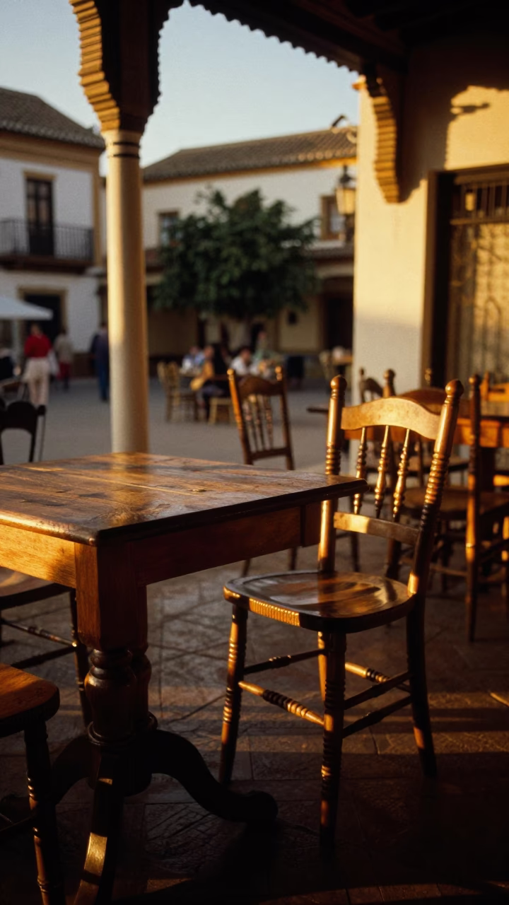 Seville Spain Evening Tapas Bar Spindle Chair and Wooden Table Detail in Honeyed Light in in Seville, Spain