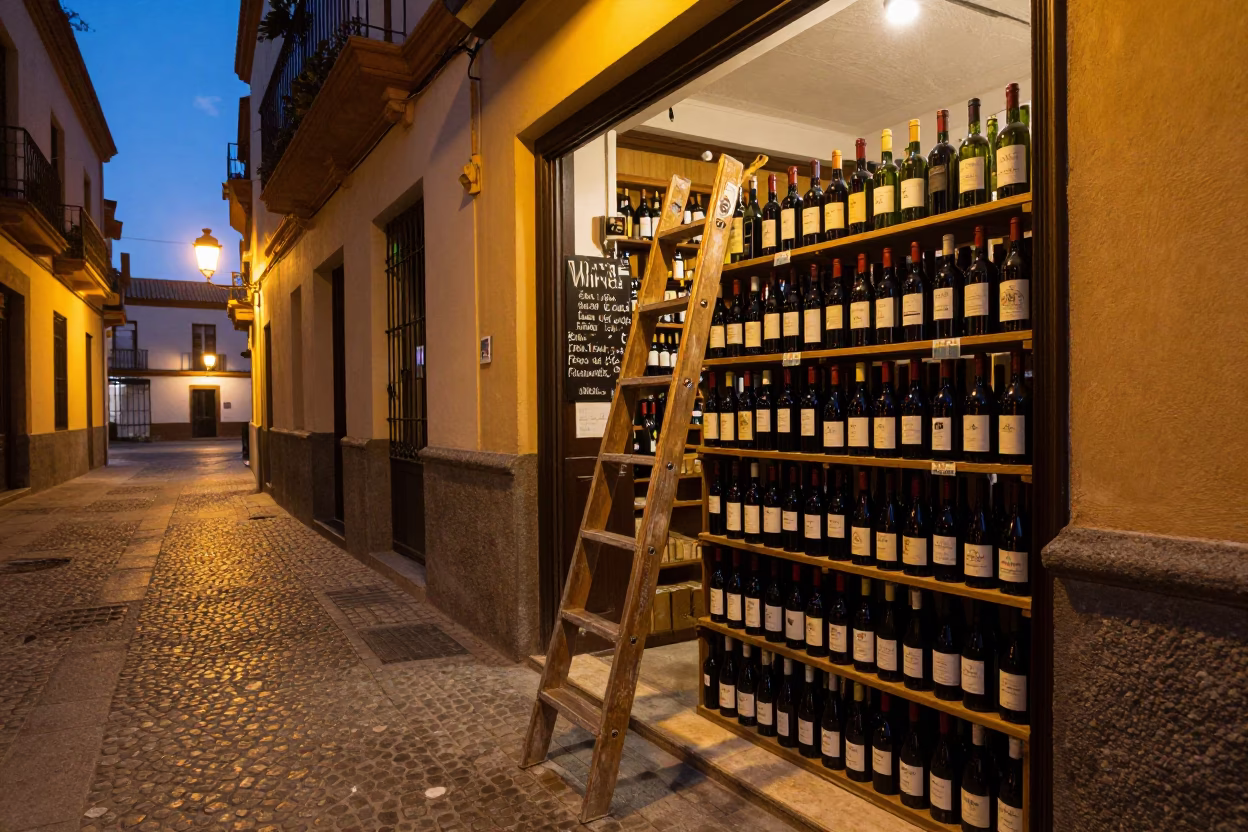 Seville Spain Evening Wine Shop Interior with Ladder and Handwritten Bottle Notes in in Seville, Spain