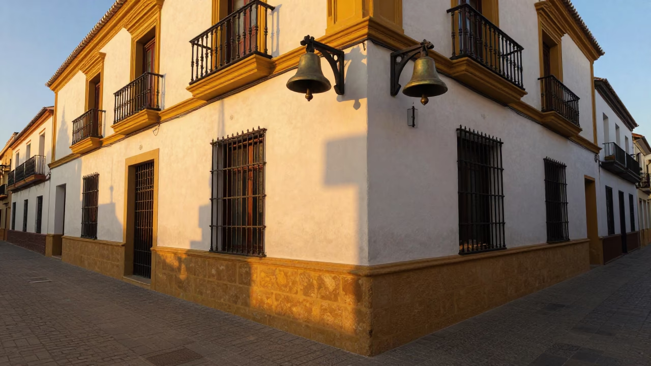 Seville Spain Golden Hour Street Scene with Brass Bell and Pastries in in Seville, Spain