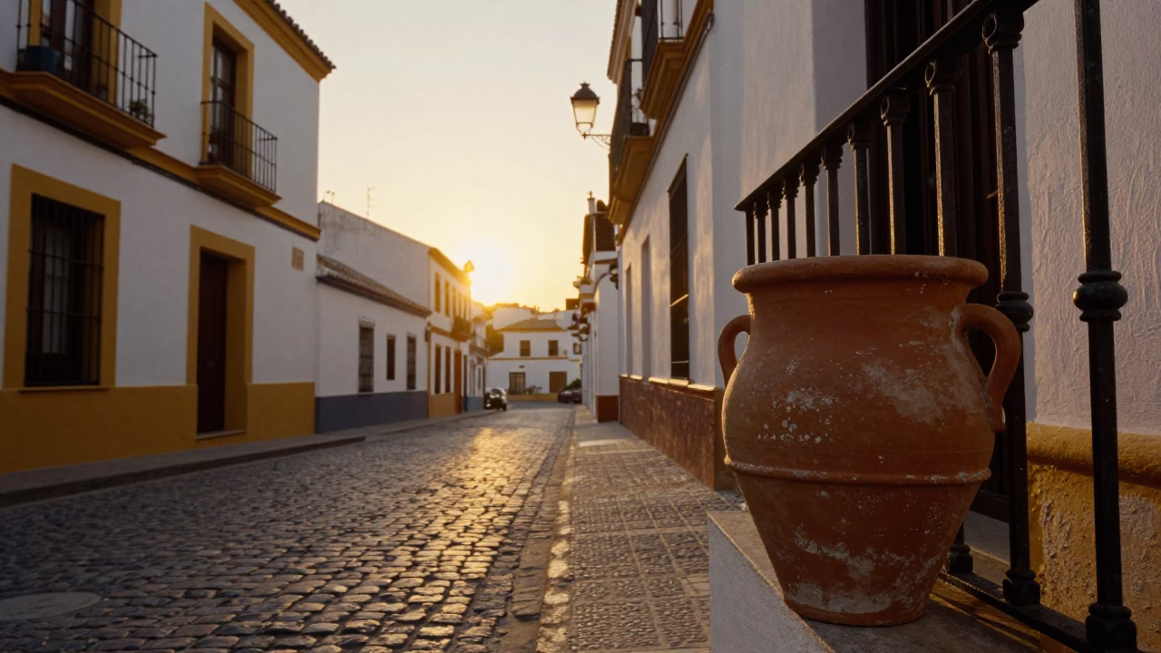 Seville Spain Golden Hour Street Scene with Terracotta Pot and Fig Tree in in Seville, Spain