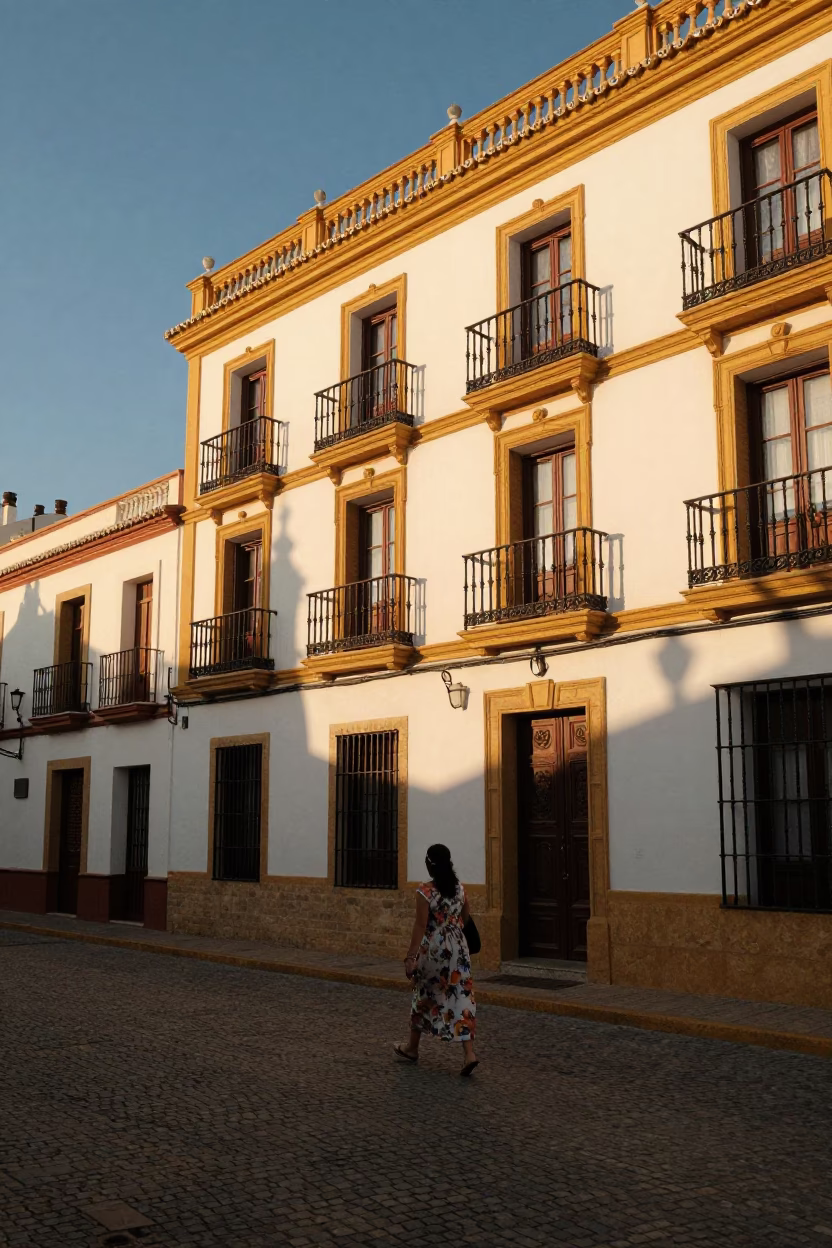 Seville Spain Golden Hour Street Scene with Traditional Architecture and Local Life in in Seville, Spain