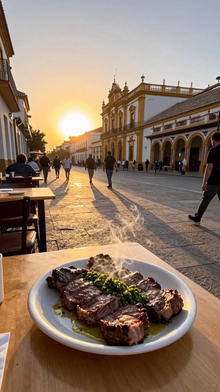 Seville Spain Golden Hour Street Scene with Traditional Churrasco Plate and Busy Plaza Atmosphere in in Seville, Spain
