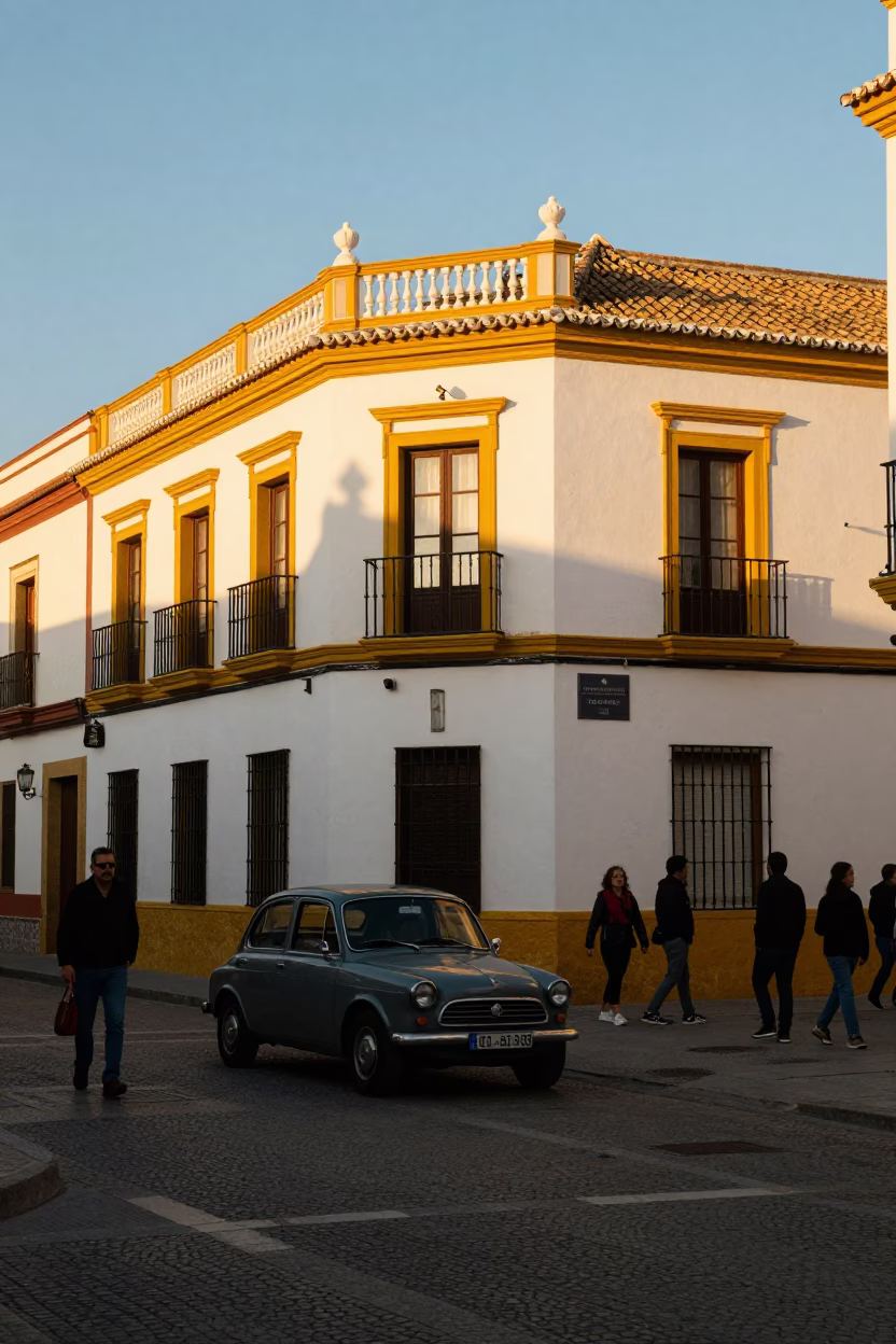Seville Spain Golden Hour Street Scene with Vintage Car and Local Pedestrians in in Seville, Spain