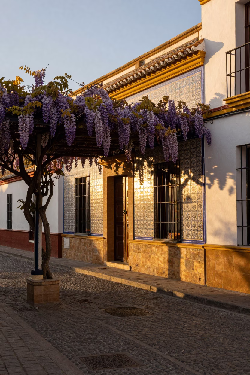 Seville Spain Golden Hour Street Scene with Wisteria Pergola and Traditional Architecture in in Seville, Spain
