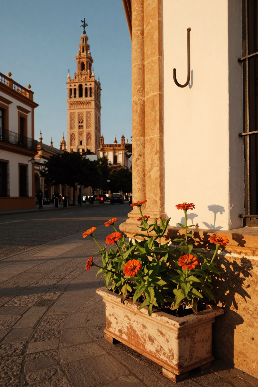Seville Spain Golden Hour Street Scene with Zinnias and Iron Hook in in Seville, Spain