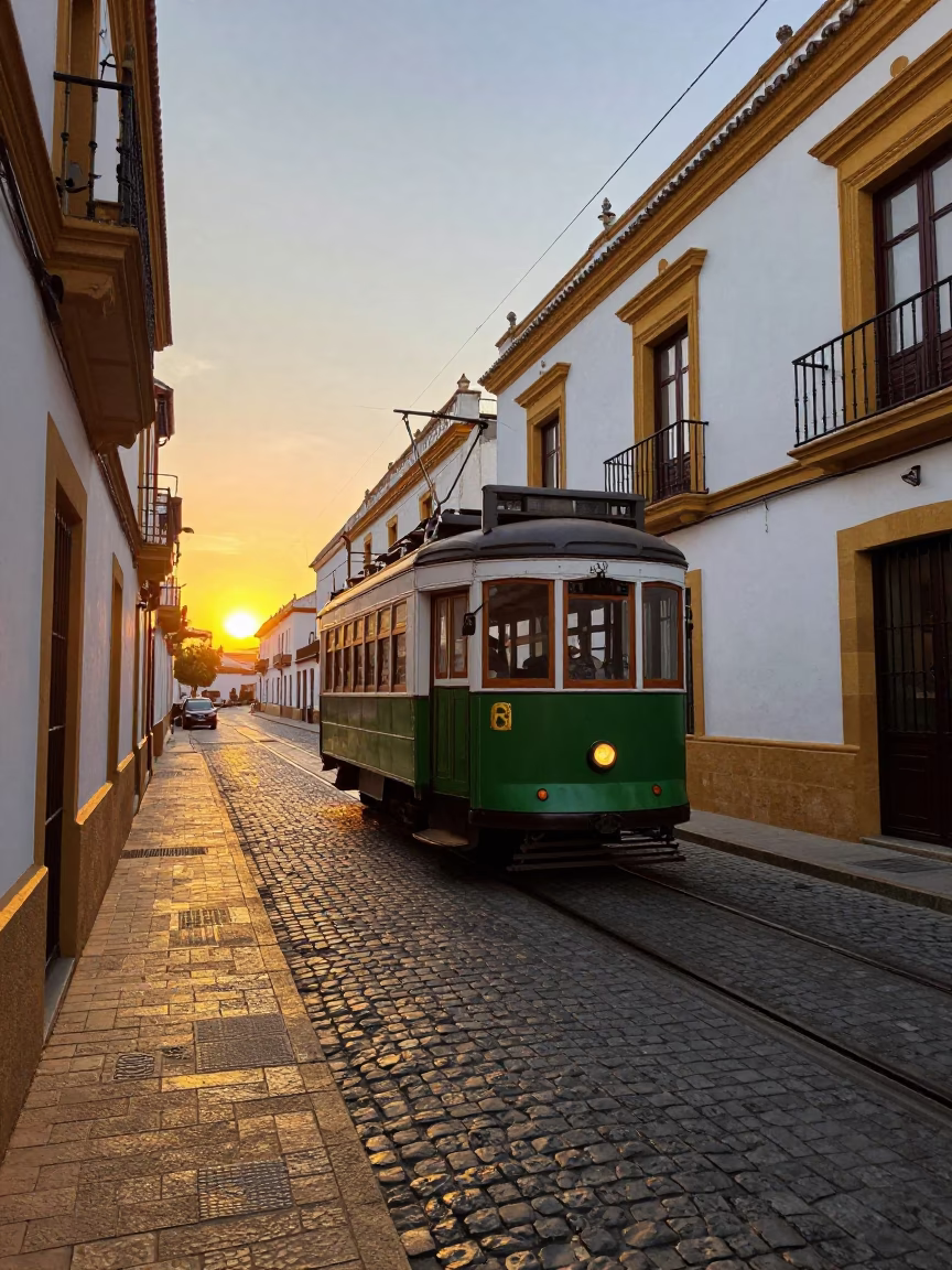 Seville Spain Heritage Tram Cobblestone Avenue Sunset Street Scene in in Seville, Spain