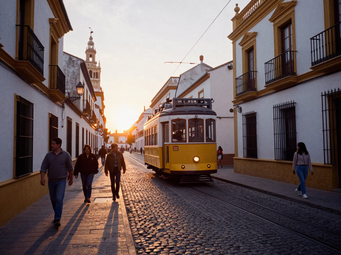 Seville Spain Heritage Tram on Cobblestone Avenue at Sunset with Pedestrians in in Seville, Spain