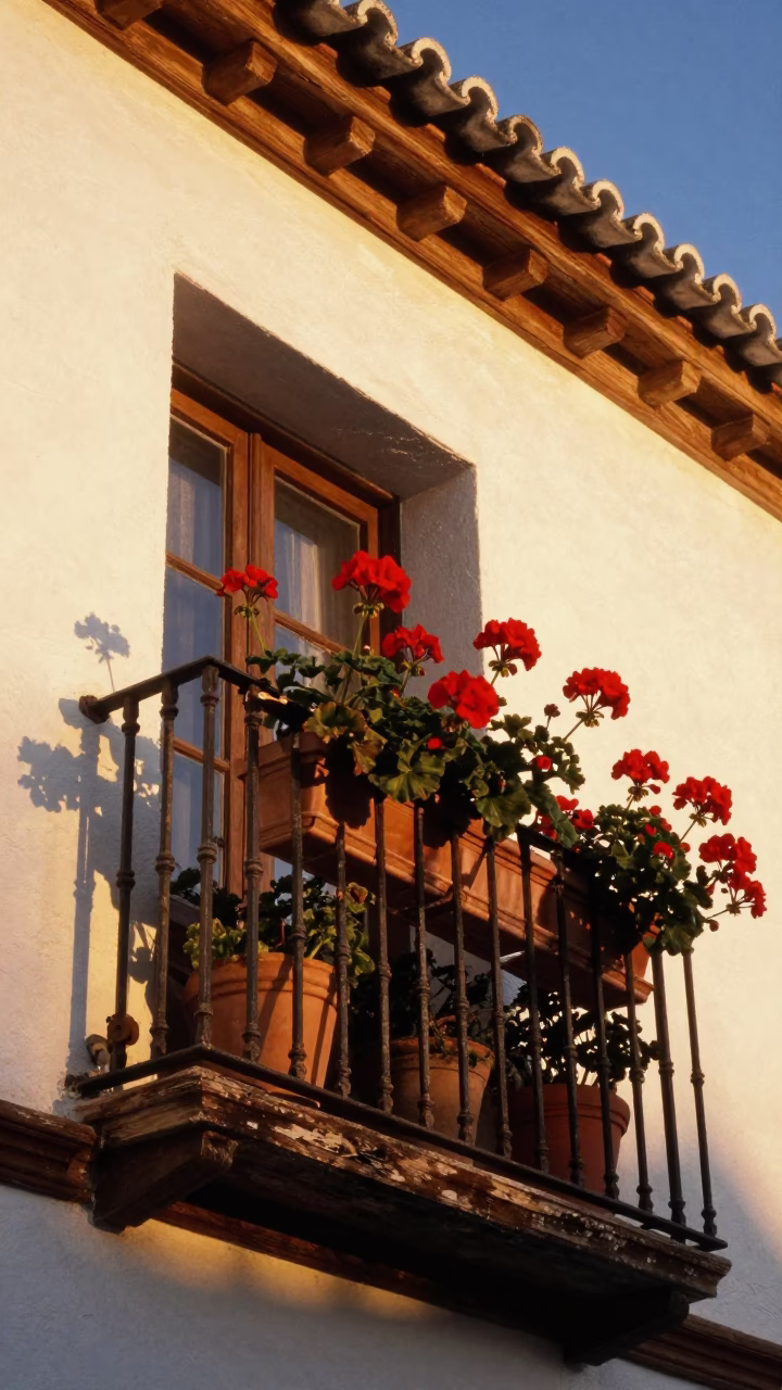 Seville Spain Honeyed Evening Light Geraniums on Traditional Balcony in in Seville, Spain