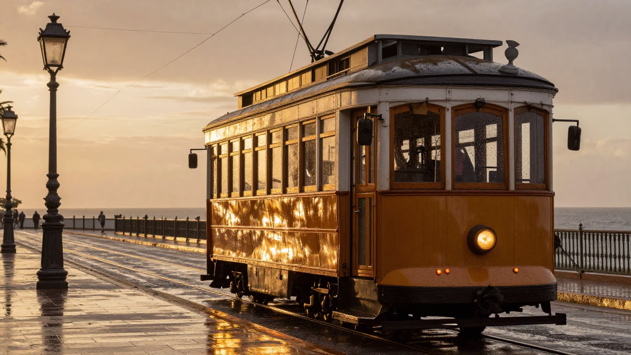 Seville Spain Honeyed Evening Light Heritage Tram Rain Swept Promenade in in Seville, Spain