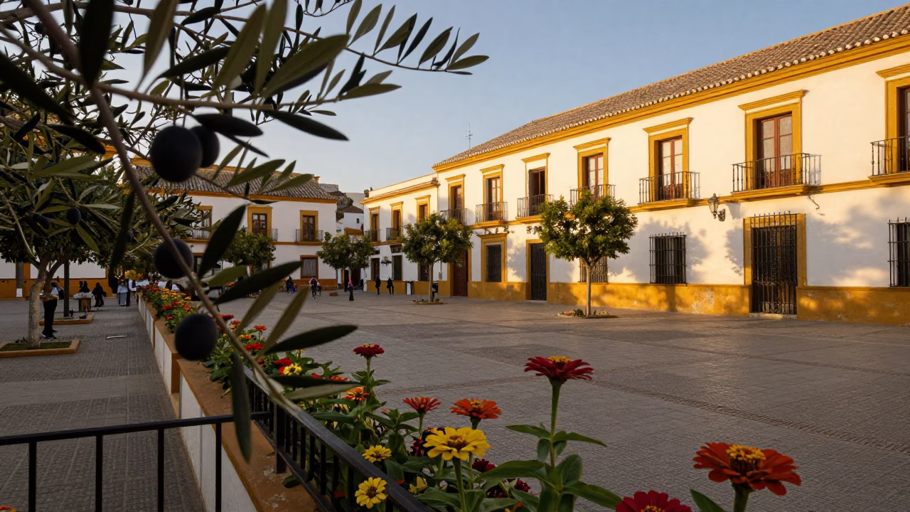 Seville Spain Honeyed Evening Light Olive Branch and Zinnias in Traditional Plaza in in Seville, Spain