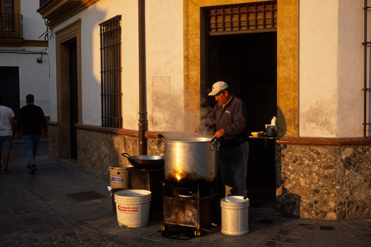 Seville Spain Honeyed Evening Light Street Scene with Cooking Pot and Sweet Pea Trellis in in Seville, Spain