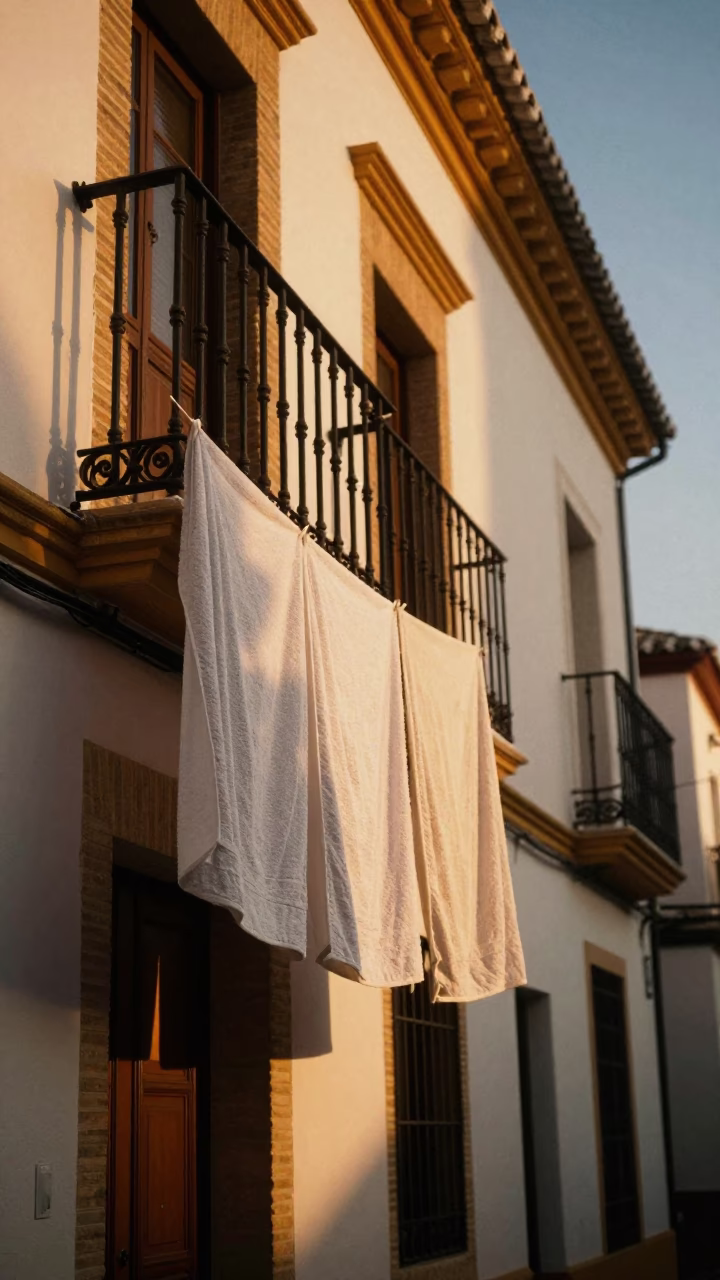 Seville Spain honeyed evening light street scene with drying towels and peeler in in Seville, Spain