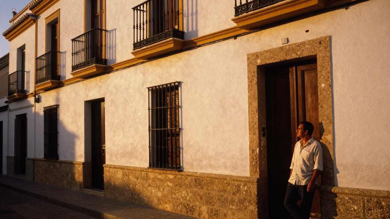 Seville Spain Honeyed Evening Light Street Scene with Glass Tumbler and Wrench in in Seville, Spain