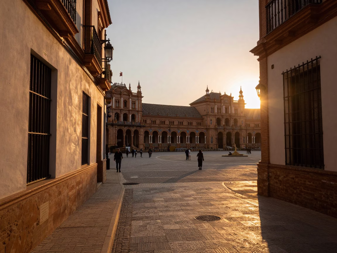 Seville Spain honeyed evening light street scene with sun stripe across countertop in in Seville, Spain