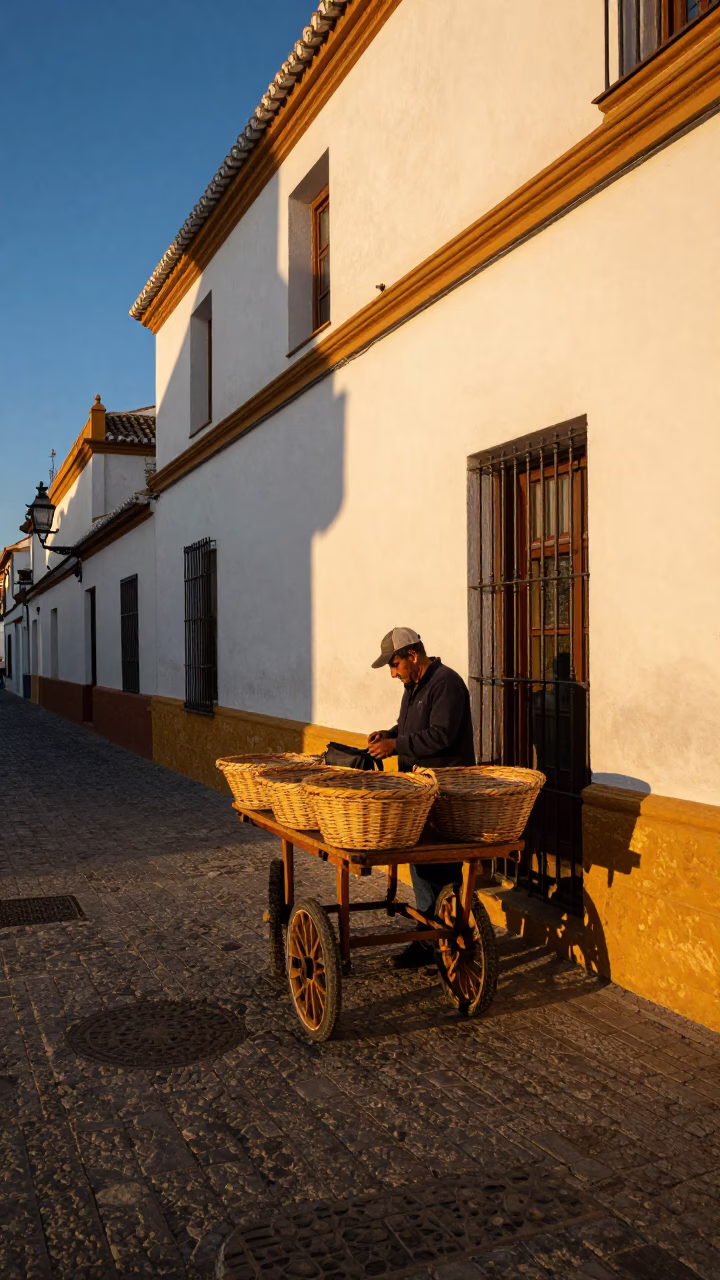 Seville Spain Honeyed Evening Light Street Scene with Traditional Basket Tray in in Seville, Spain