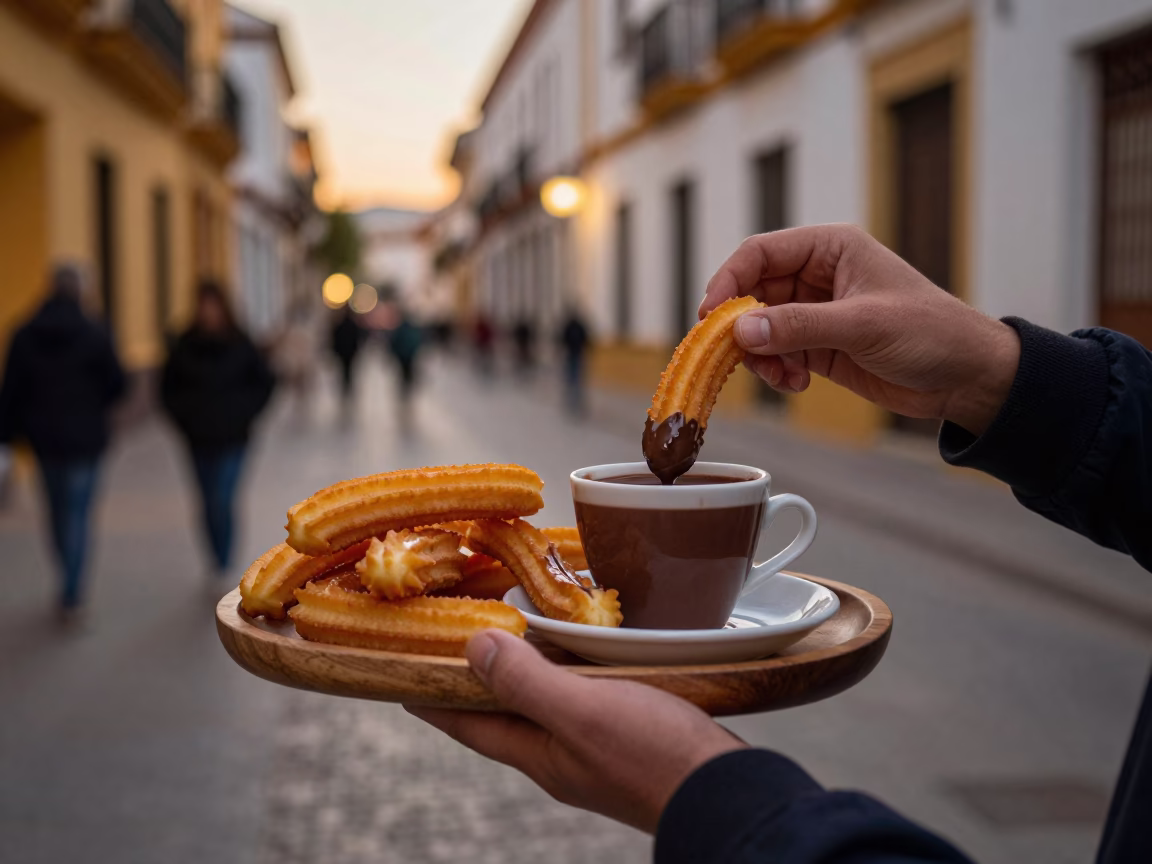 Seville Spain Honeyed Evening Street Scene with Churros and Chocolate in 1970s Atmosphere in in Seville, Spain