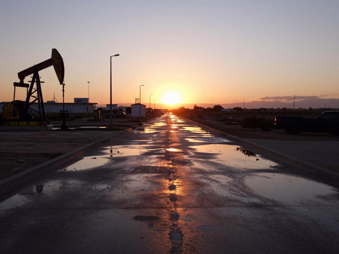 Seville Spain Horizon Shot Substation Road Oil Puddles Sunset Shadows in in Seville, Spain