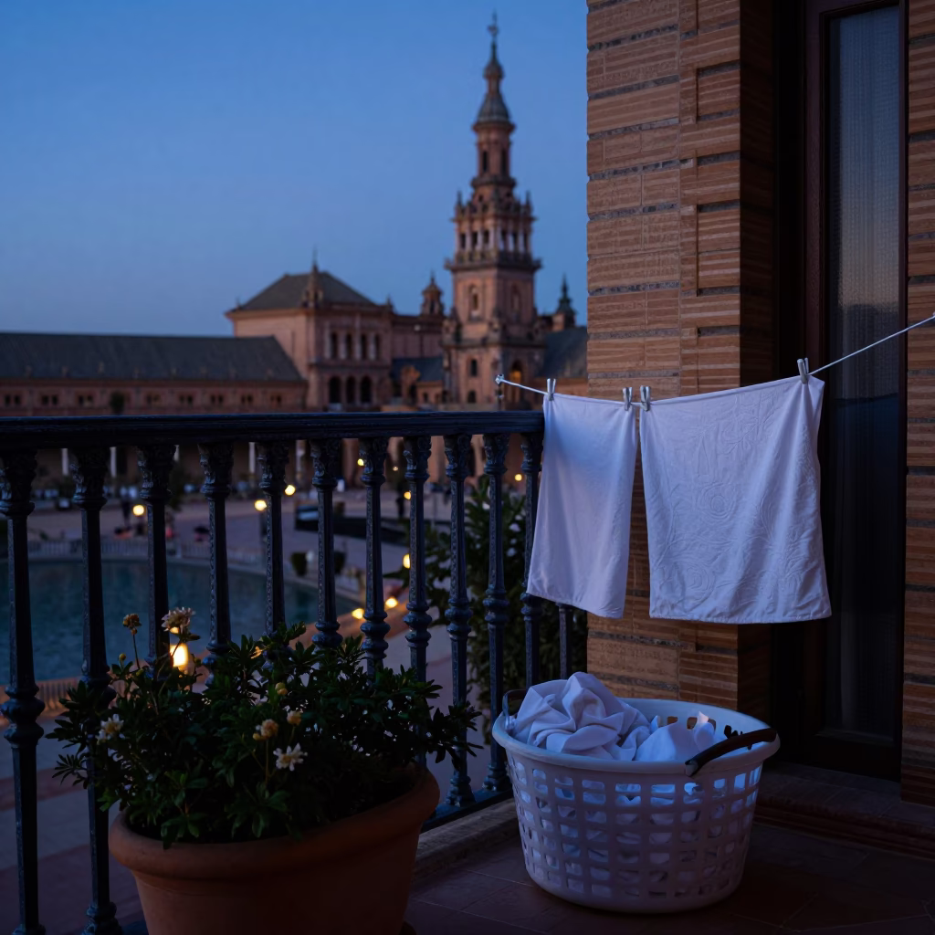 Seville Spain Indigo Twilight Balcony Laundry and Potted Herbs View in in Seville, Spain