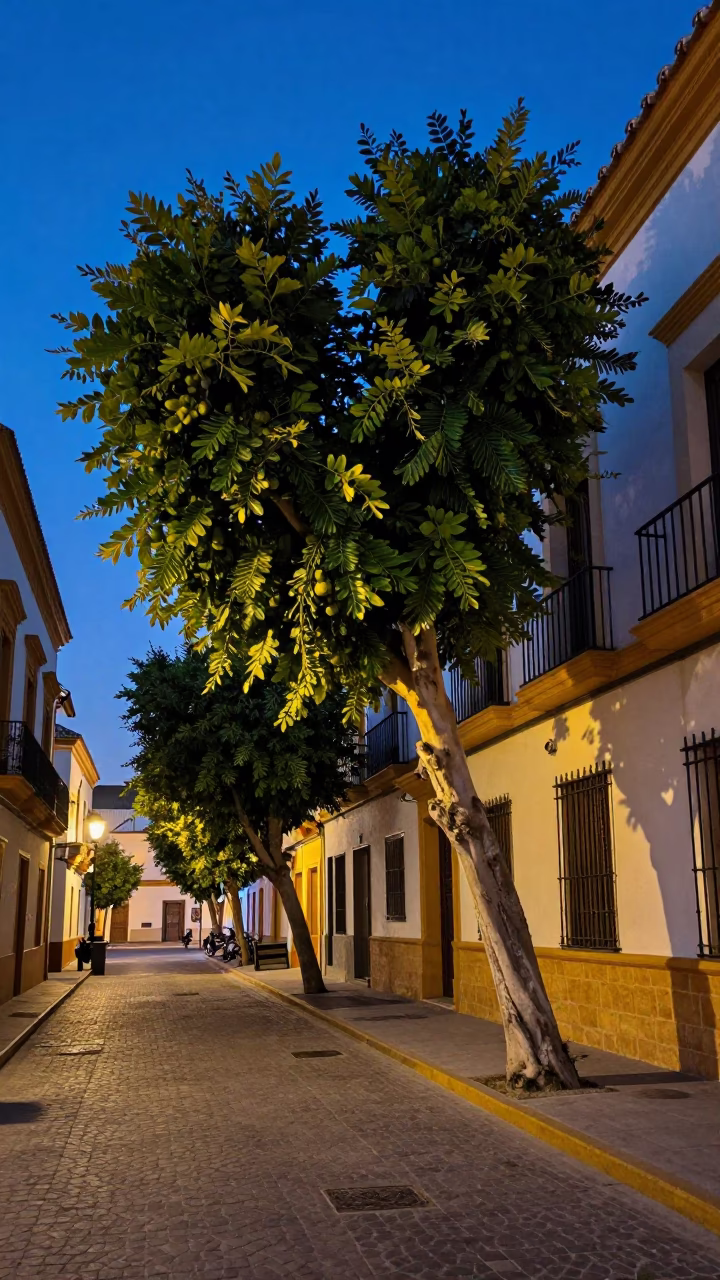 Seville Spain Indigo Twilight Ficus Tree Heavy Fruit Street Scene in in Seville, Spain