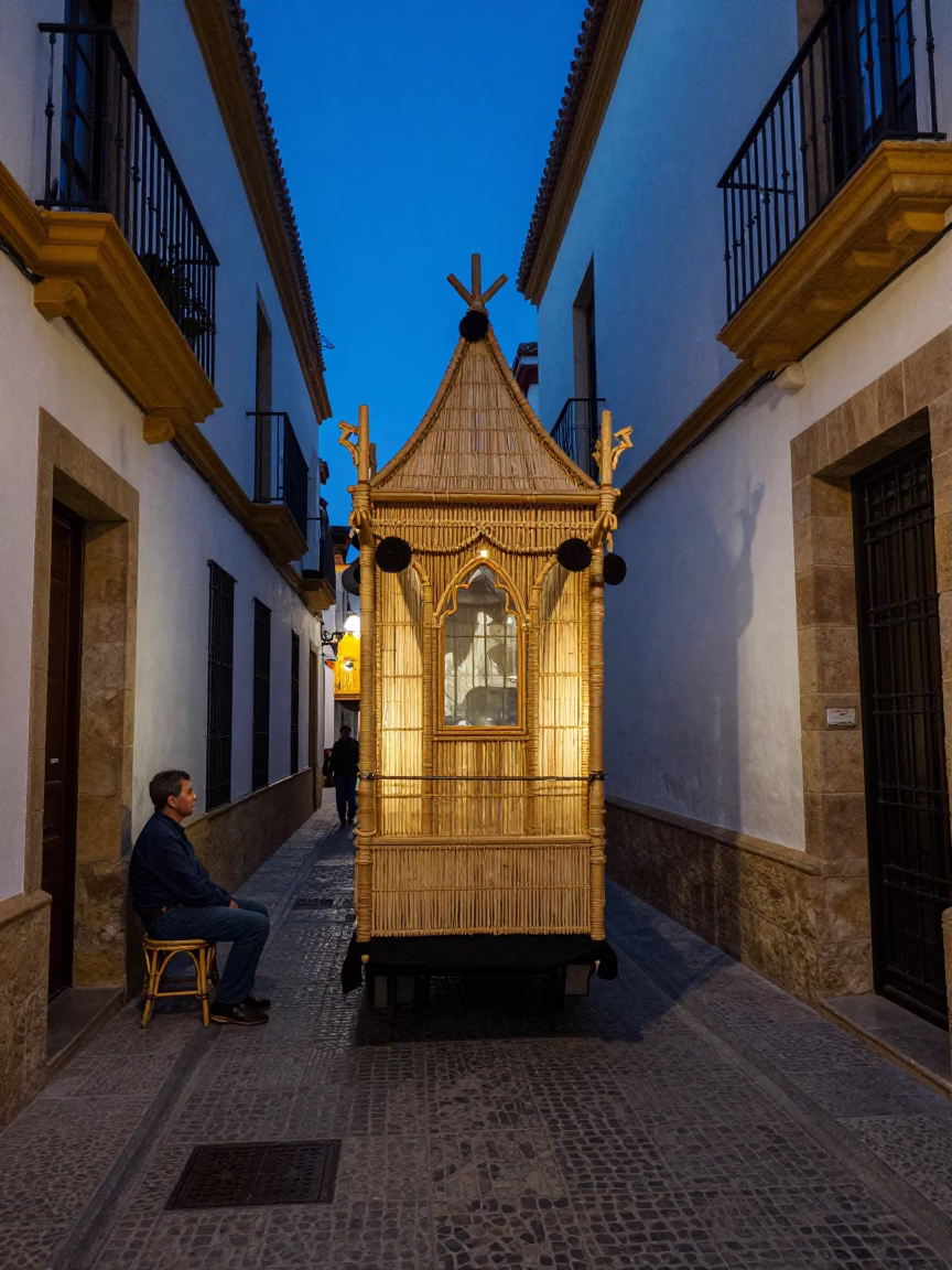 Seville Spain Indigo Twilight Narrow Street Processional Float with Rattan Stool and Wicker Shadow in in Seville, Spain