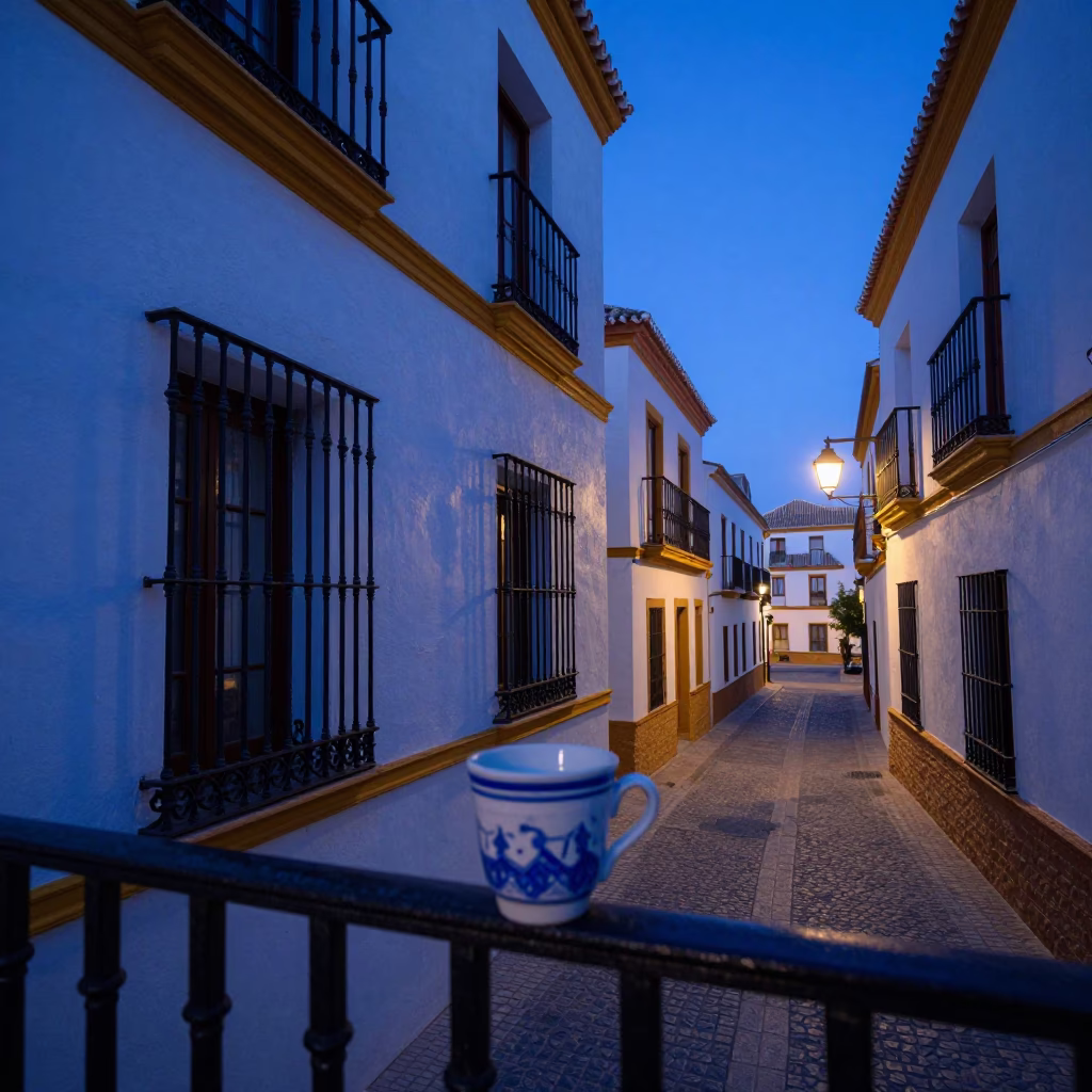 Seville Spain Indigo Twilight Street Scene With Ceramic Cup And Majolica Plate On Balcony in in Seville, Spain