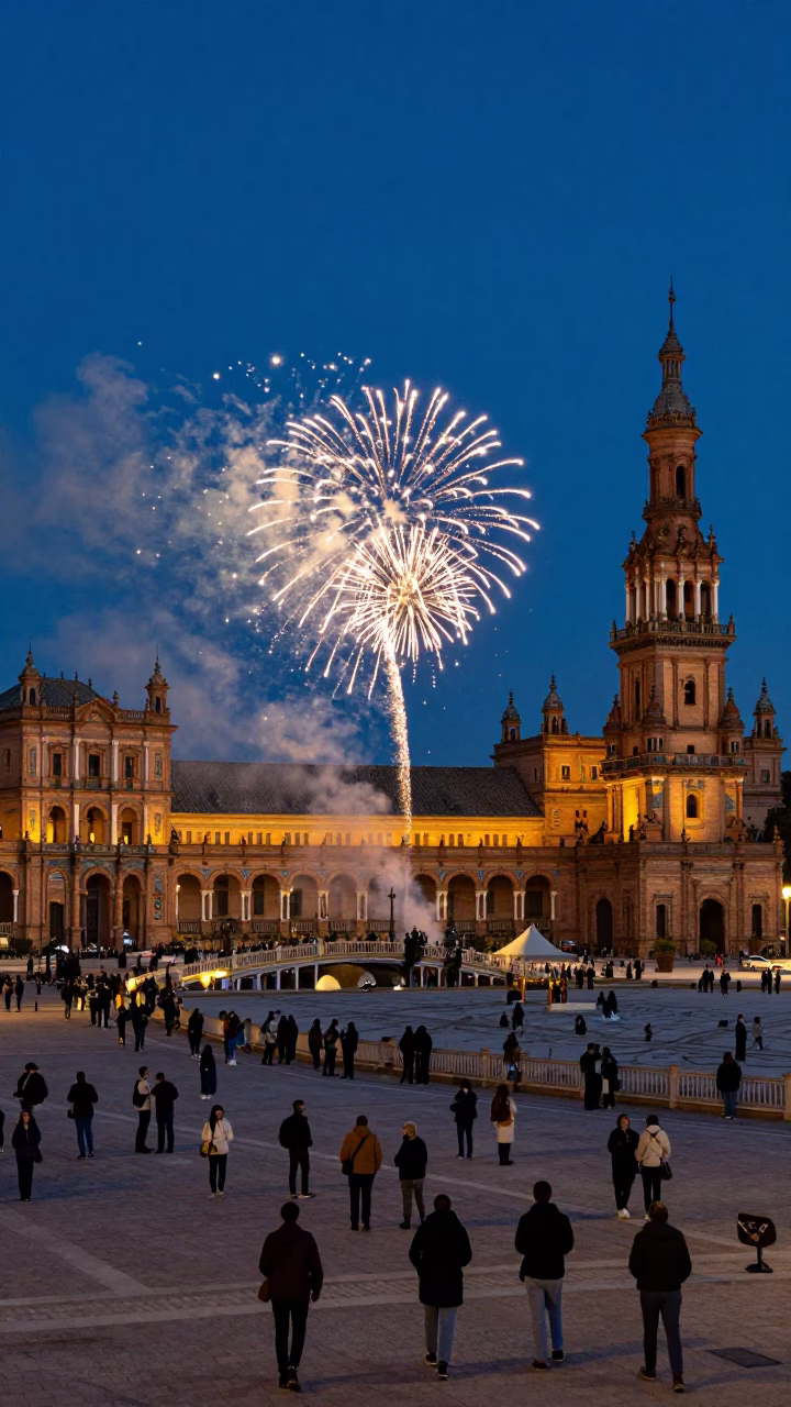Seville Spain Indigo Twilight Street Scene with Fireworks and Local Crowd in in Seville, Spain
