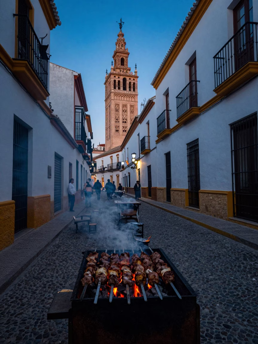 Seville Spain Indigo Twilight Street Scene with Kebab Grilling and Local Interaction in in Seville, Spain