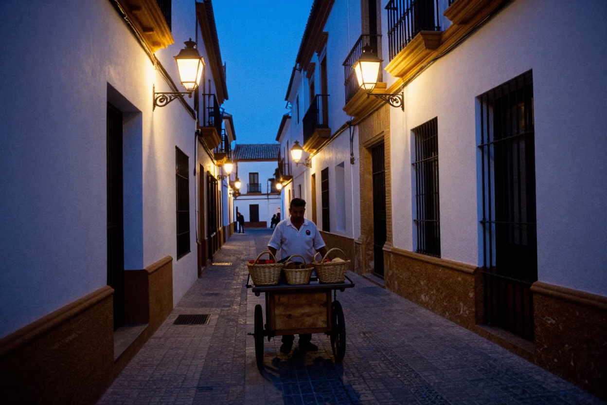 Seville Spain indigo twilight street scene with lantern lit alleyway and local fruit vendor in in Seville, Spain