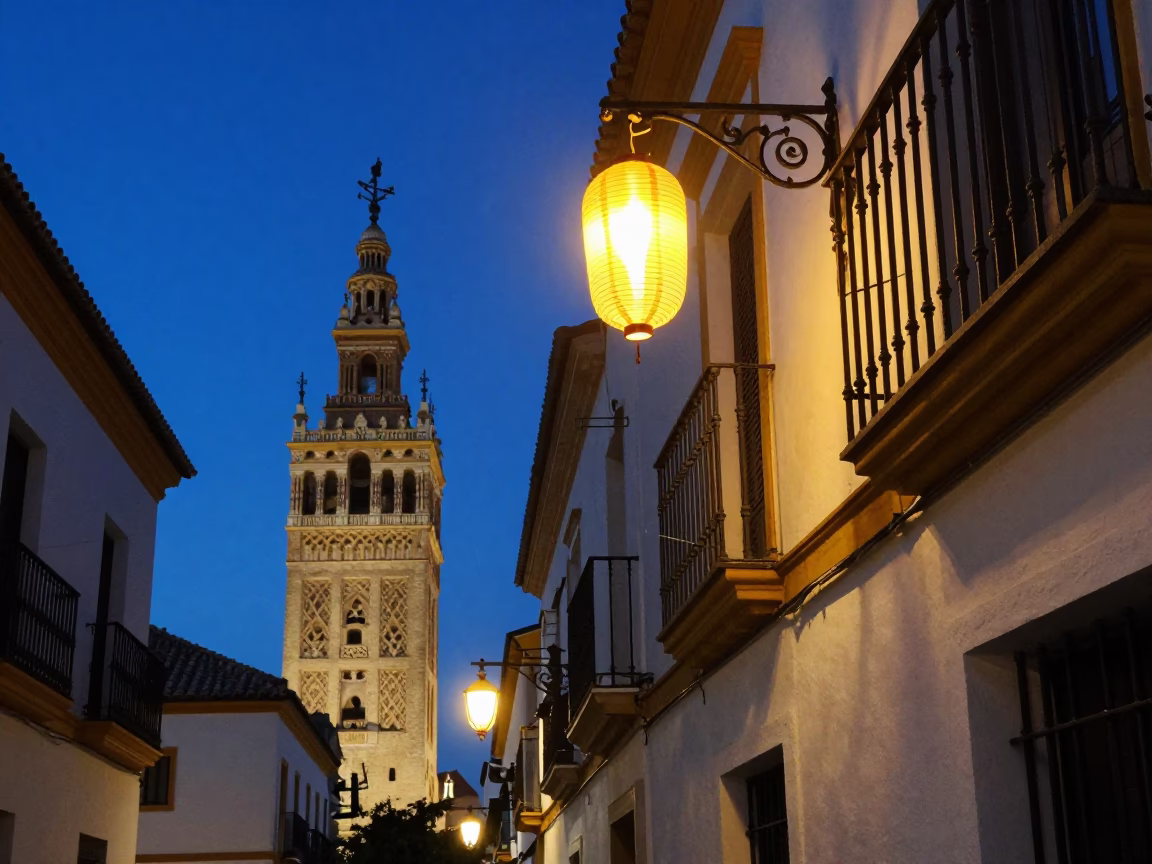 Seville Spain indigo twilight street scene with paper lantern and local architecture in in Seville, Spain