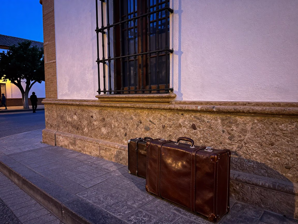 Seville Spain indigo twilight street scene with suitcases and traditional architecture in in Seville, Spain