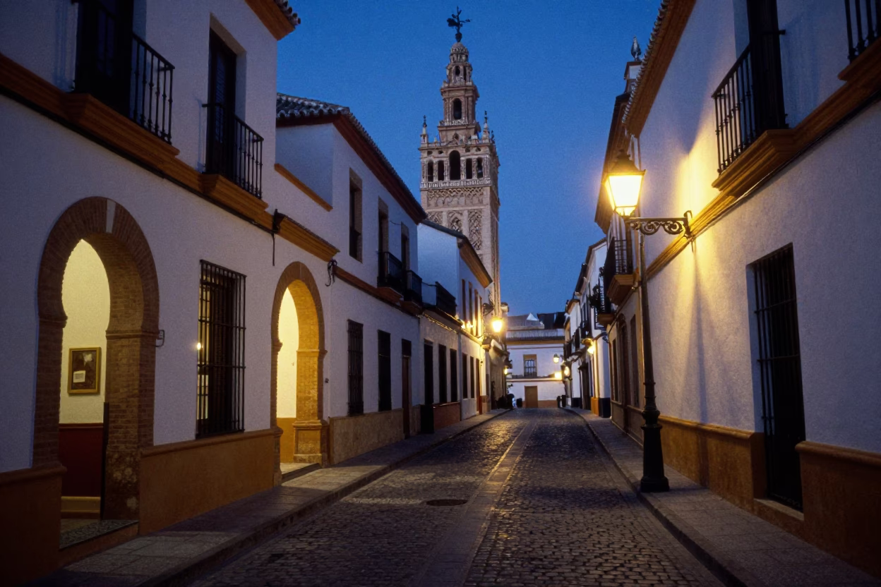 Seville Spain indigo twilight street scene with traditional architecture and evening ambiance in in Seville, Spain