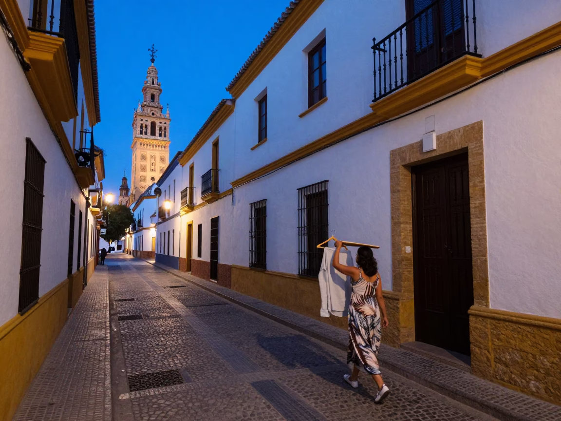 Seville Spain indigo twilight street scene with traditional architecture and local life in in Seville, Spain