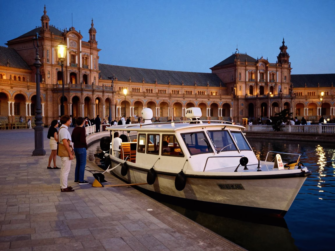 Seville Spain Indigo Twilight Street Scene With Water Taxi And Local Life in in Seville, Spain