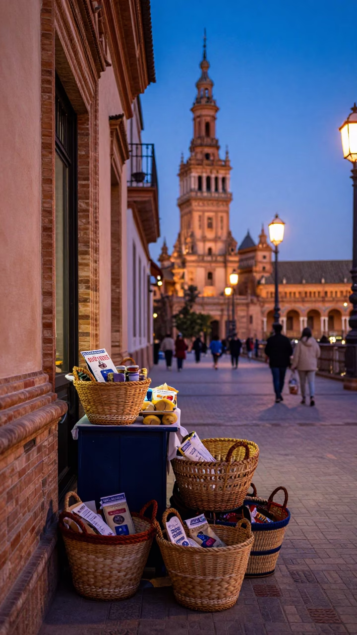 Seville Spain Indigo Twilight Street Scene with Woven Baskets and Newspaper Stacks in in Seville, Spain