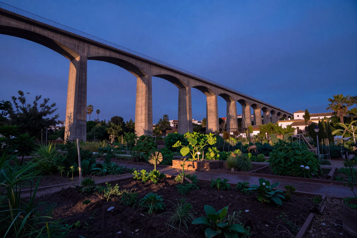 Seville Spain Indigo Twilight Viaduct Shadow Over Allotment Gardens After Rain in in Seville, Spain