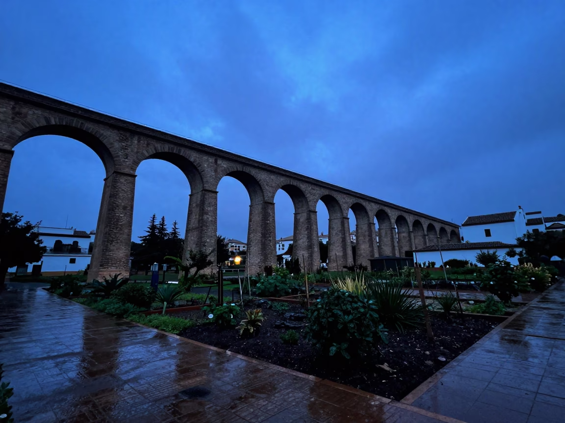 Seville Spain Indigo Twilight Viaduct Shadow Over Rain Wet Allotment Gardens with Sudden Smile in in Seville, Spain