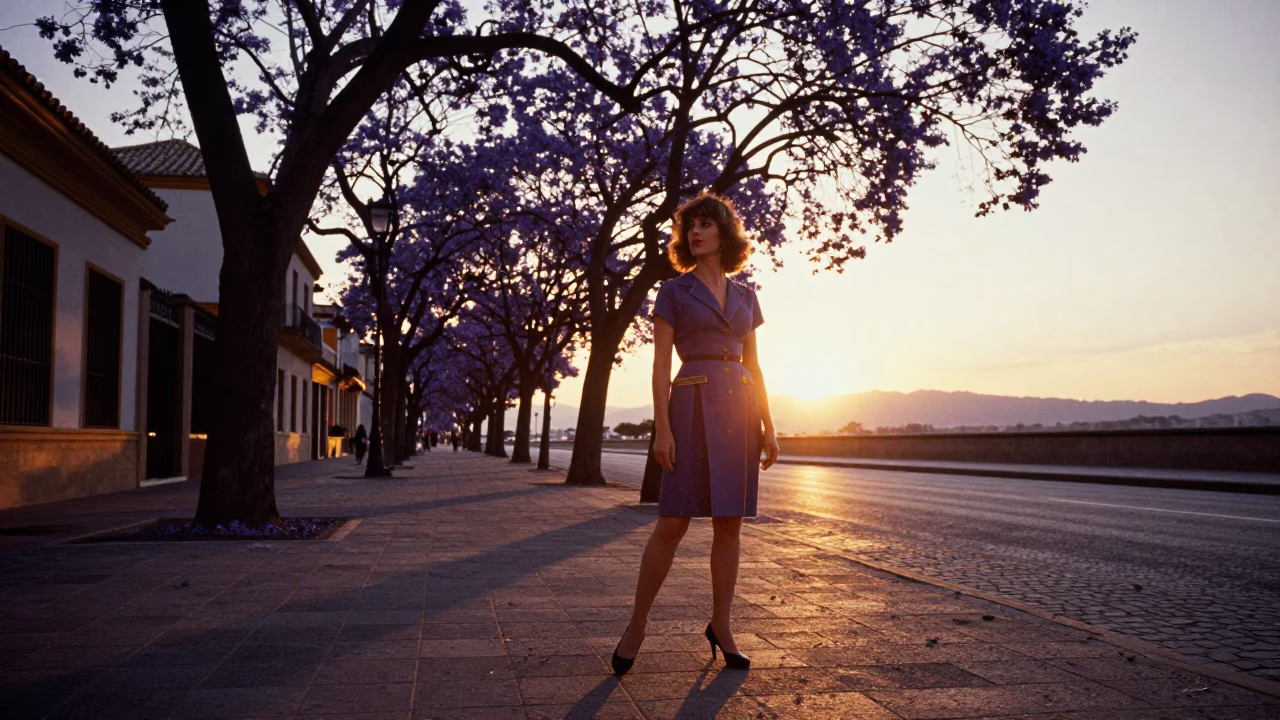 Seville Spain jacaranda boulevard sunset 1960s high fashion purple bloom street photography in in Seville, Spain
