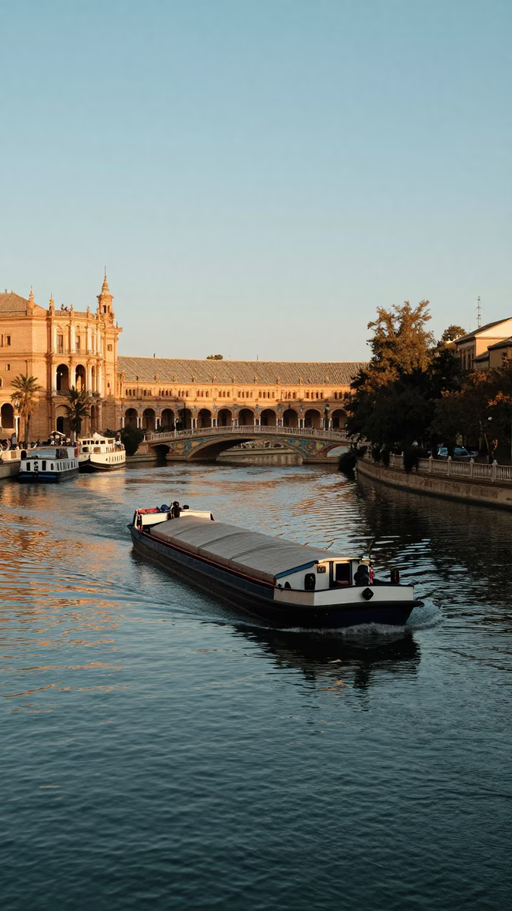 Seville Spain Late Afternoon Light Canal Barge Cargo and Traditional Architecture in in Seville, Spain