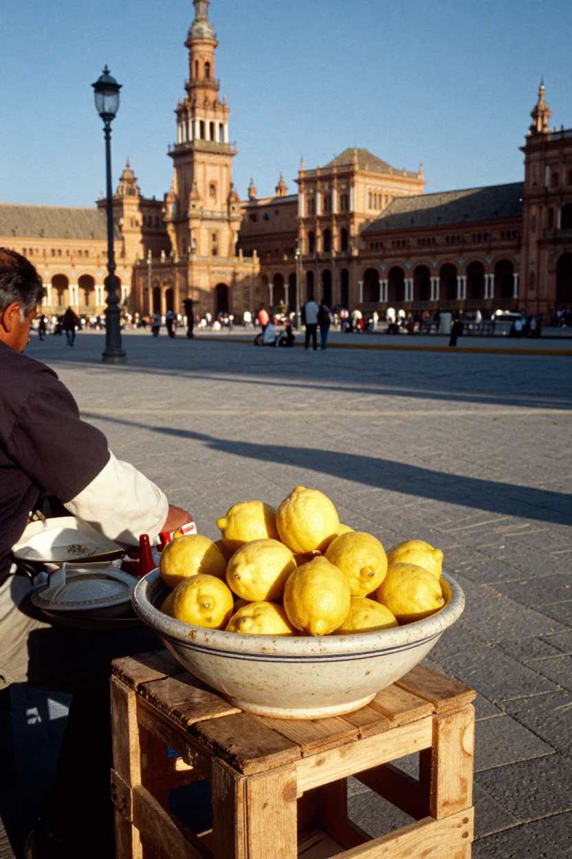 Seville Spain Late Afternoon Street Scene with Ceramic Bowl and Twine Spool in in Seville, Spain