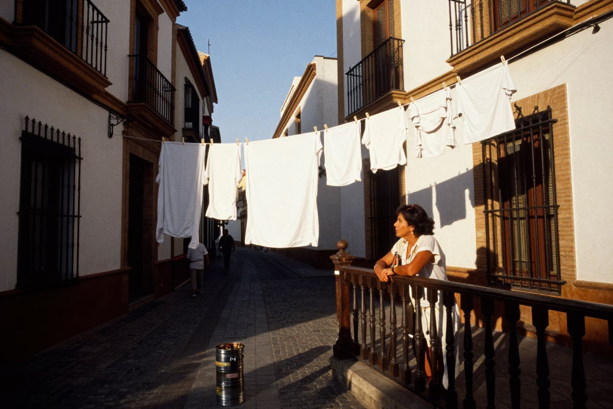Seville Spain Late Afternoon Street Scene with Coffee Tin and Clothesline in in Seville, Spain