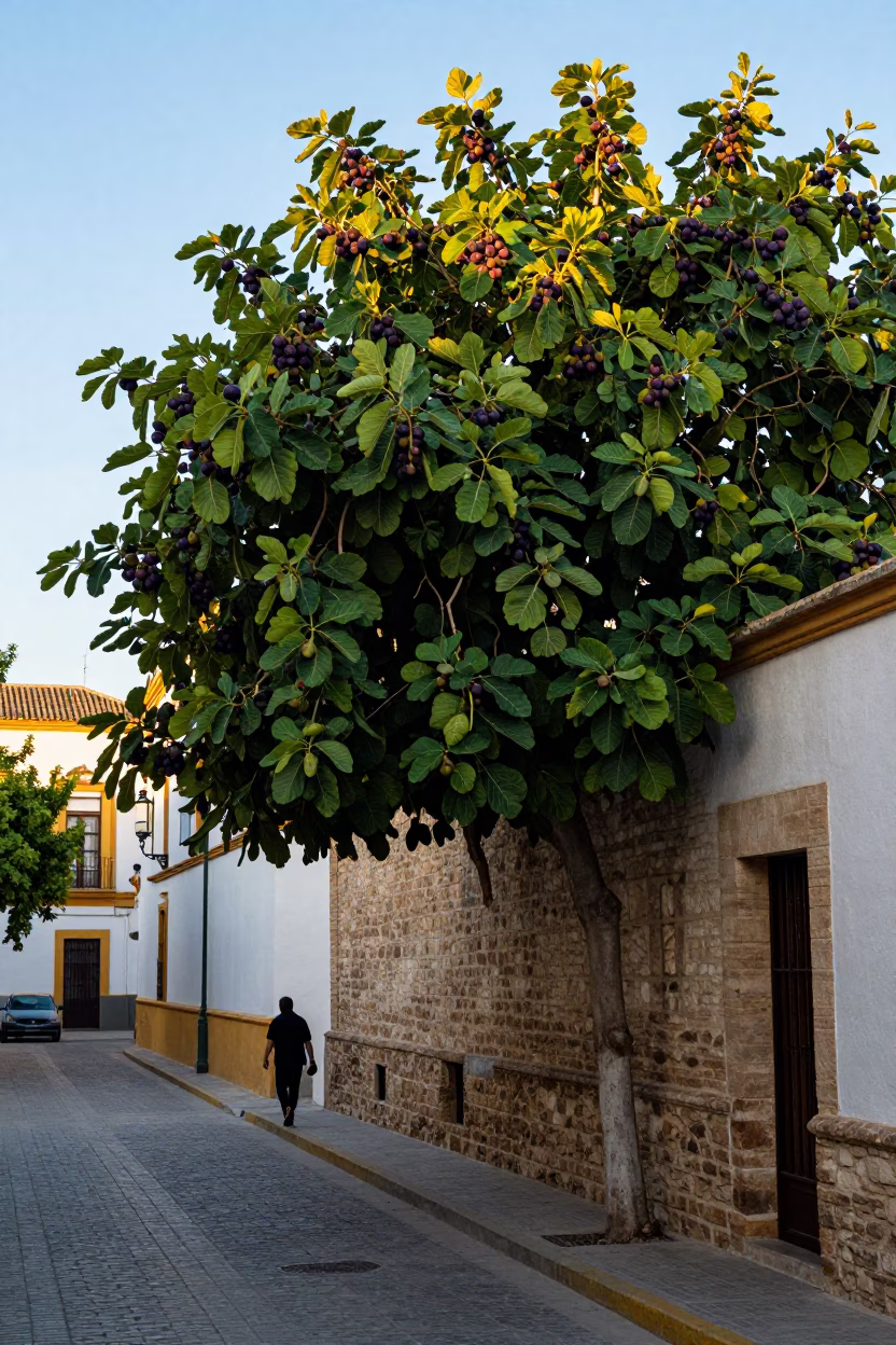 Seville Spain Late Afternoon Street Scene with Fig Tree and Drying Rack in in Seville, Spain