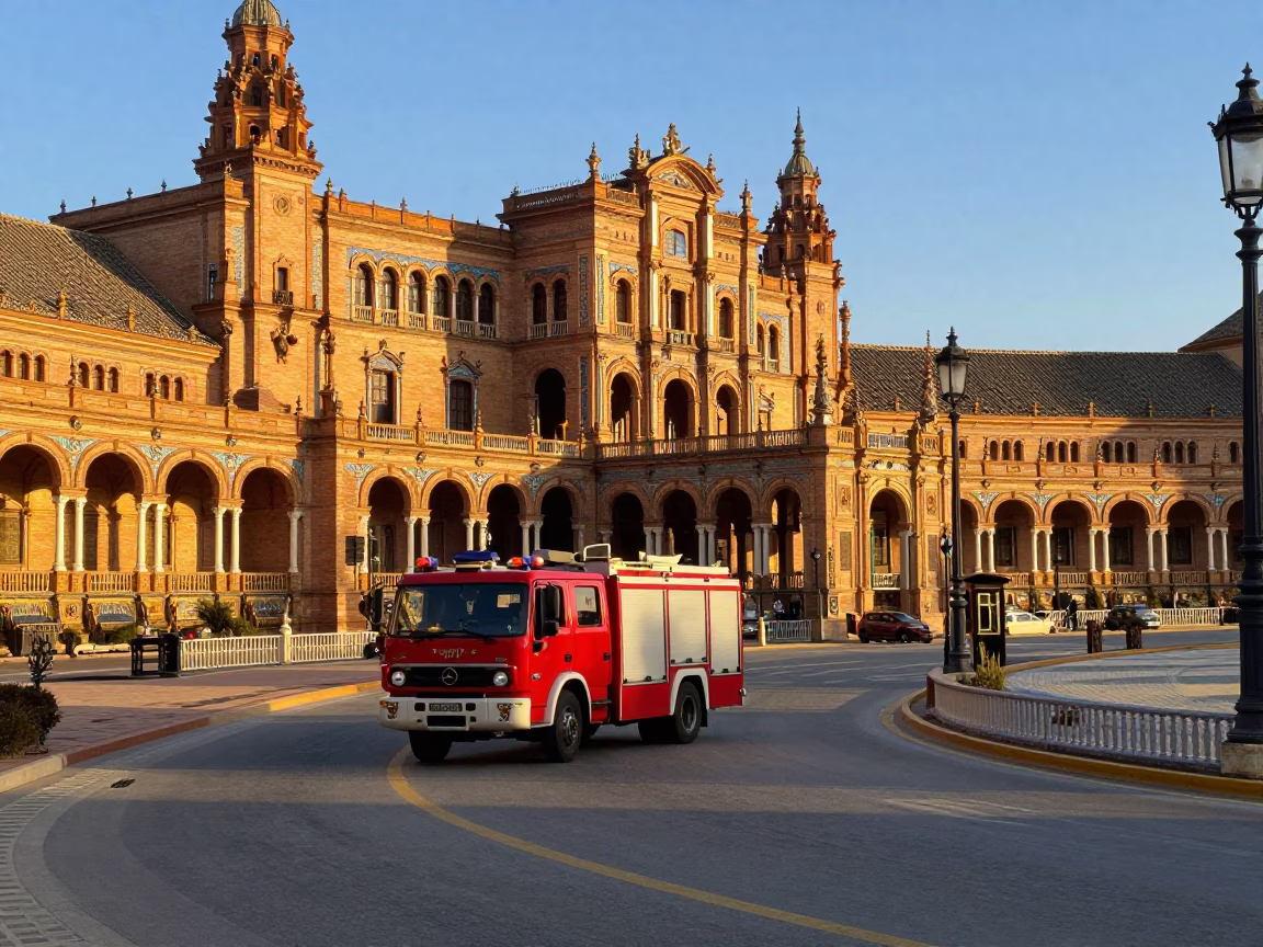 Seville Spain Late Afternoon Street Scene with Fire Engine and Local Life in in Seville, Spain