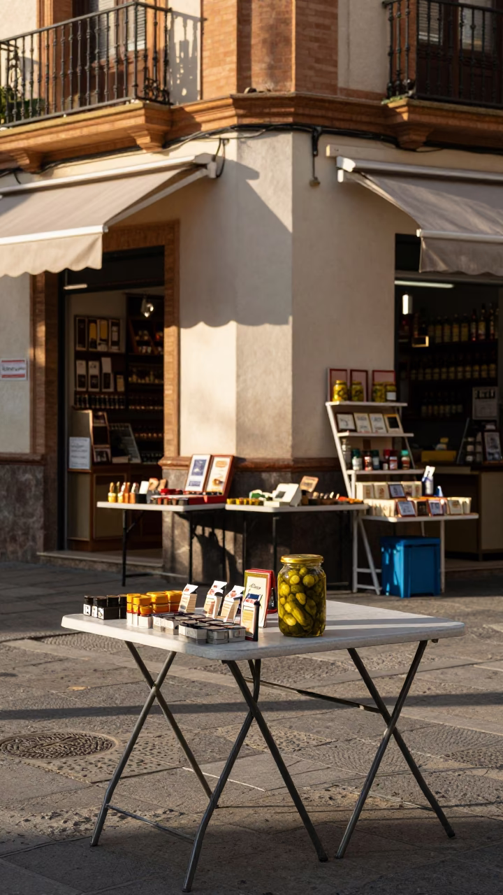 Seville Spain Late Afternoon Street Scene with Folding Tables and Pickle Jar in in Seville, Spain