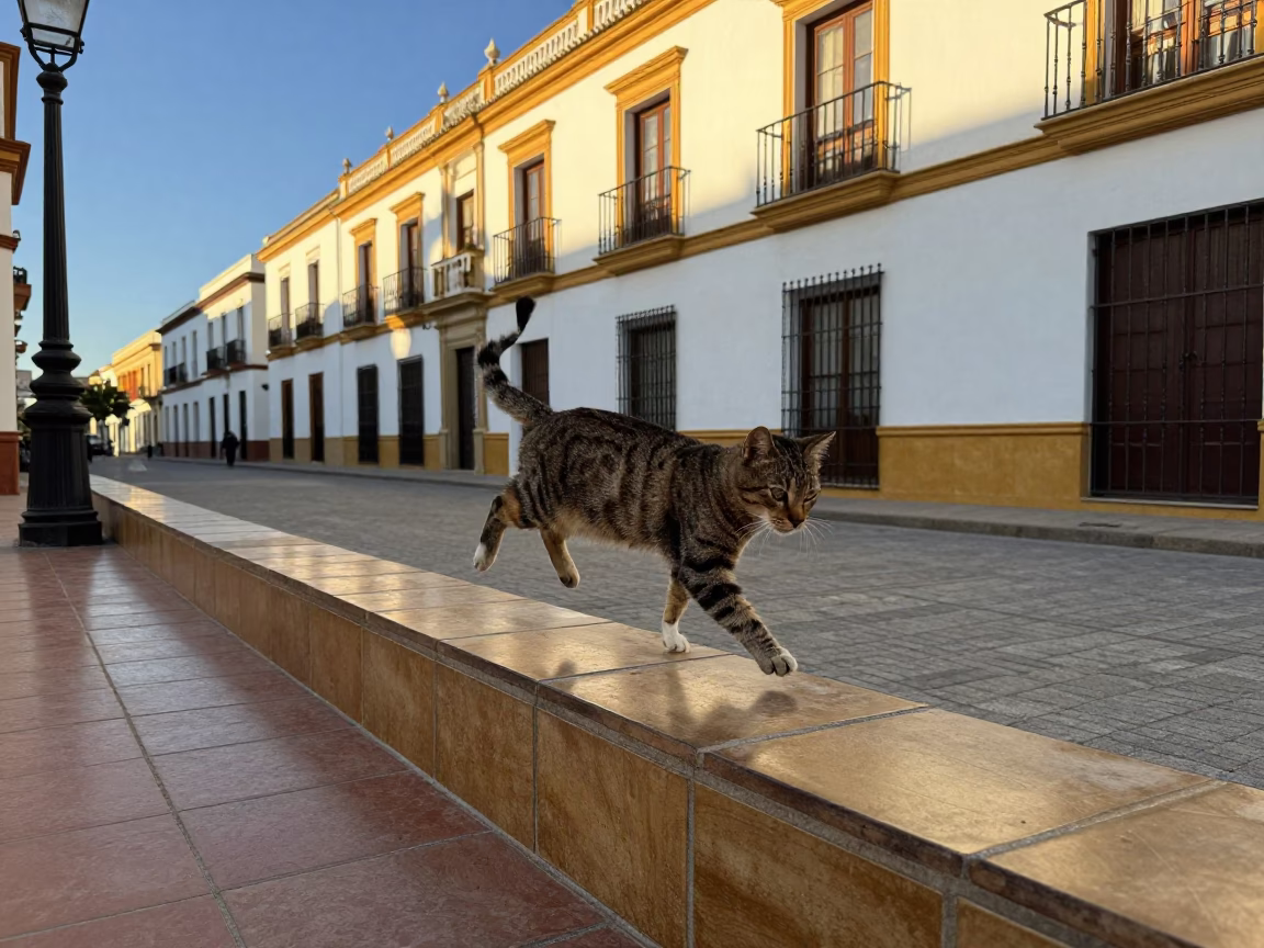 Seville Spain Late Afternoon Street Scene with Local Cat and Traditional Architecture in in Seville, Spain